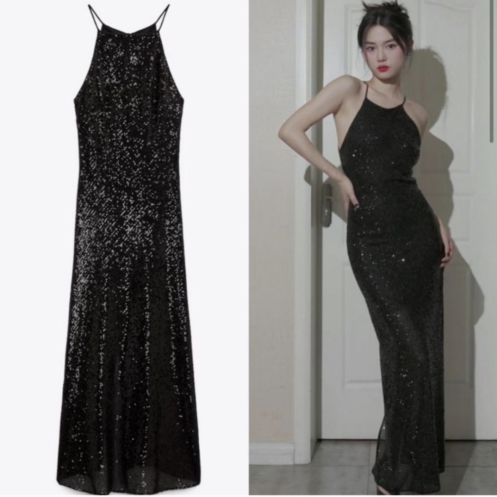 Zara * sequin long dress gown black midi maxi, S - Picture 5 of 9